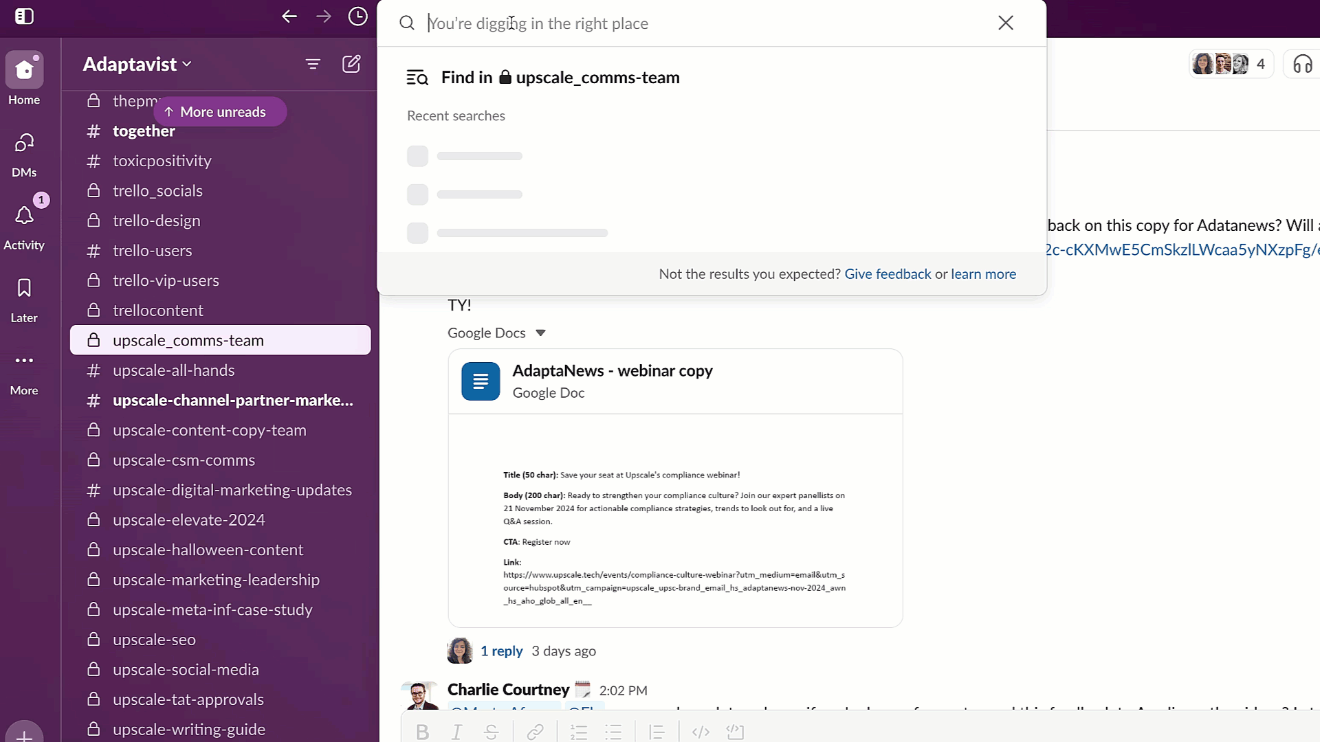 GIF showing how to use the search bar in Slack.