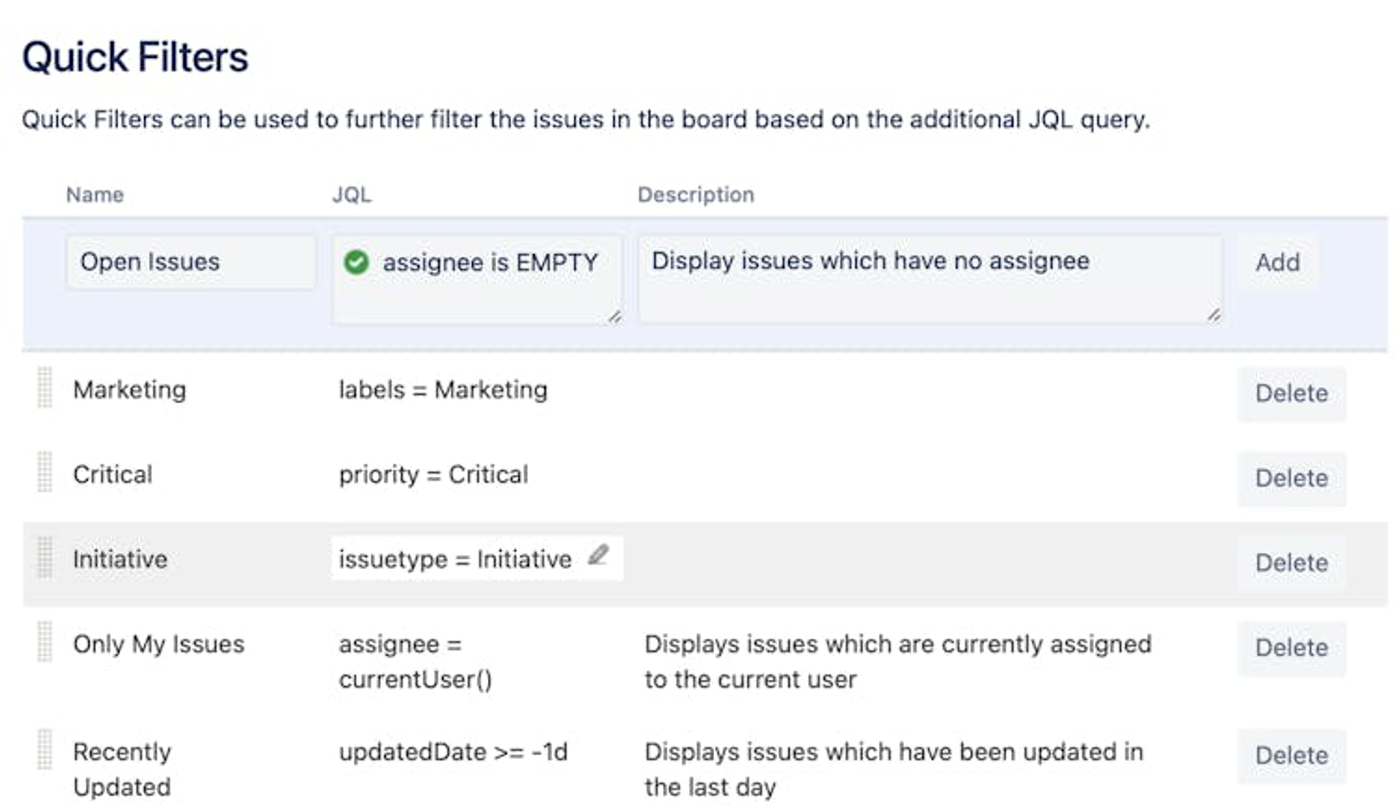 the quick filter configuration