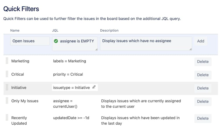 the quick filter configuration