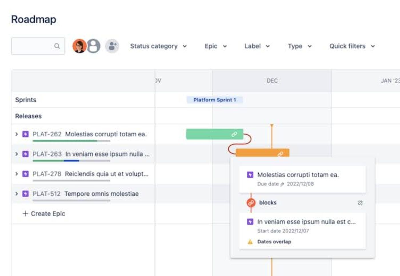 showing how epics block each other in jira