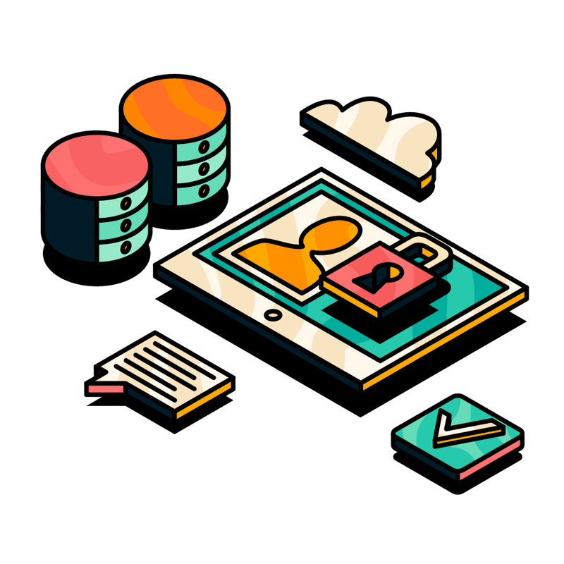 An illustration of a webinar screen with a padlock, cloud, chat message, data centre, and check box elements surrounding it