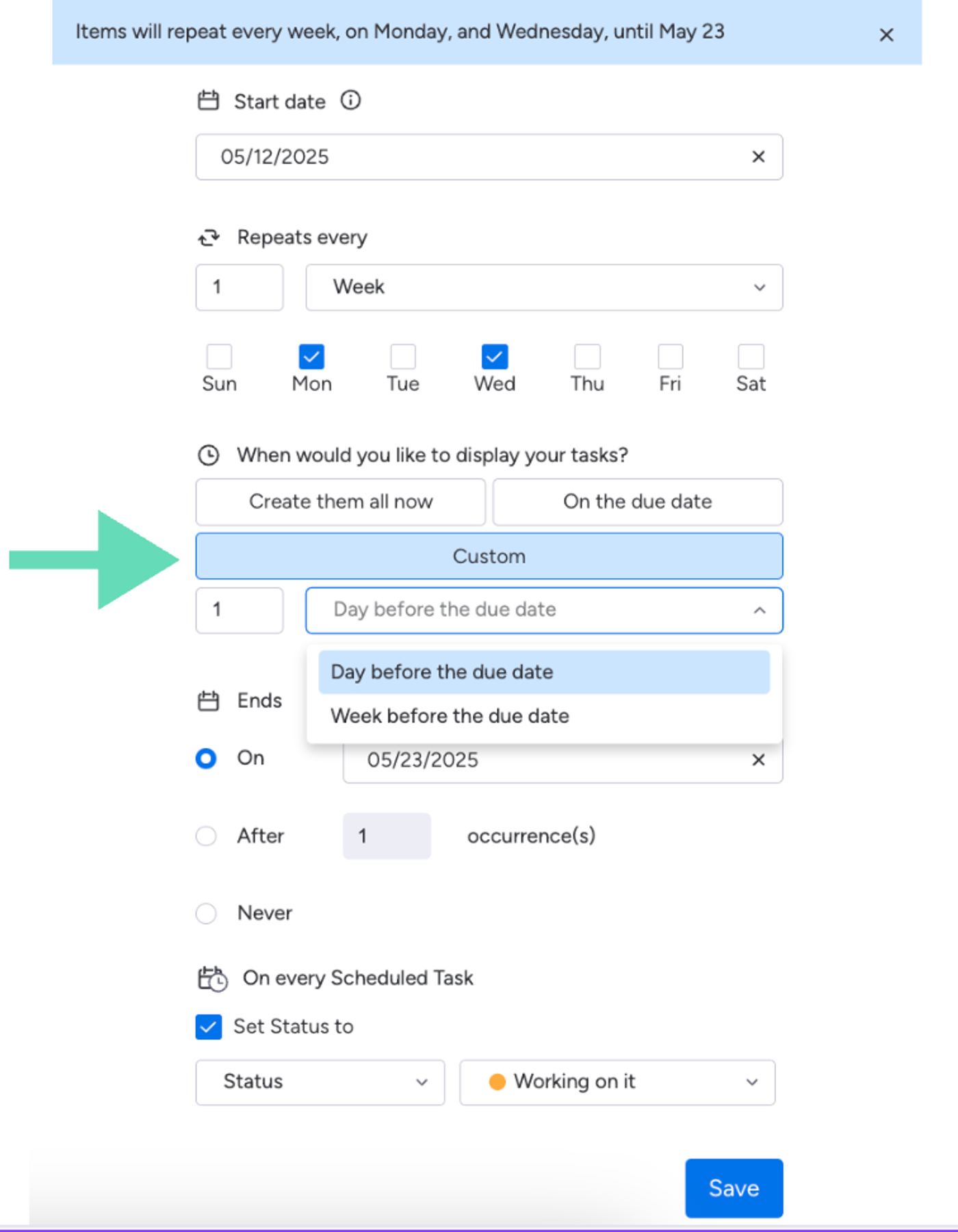 Showing how to create recurring tasks with automatic scheduling