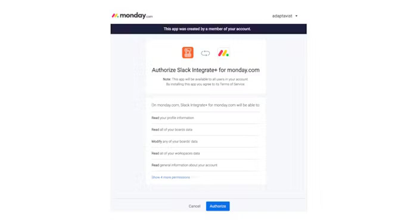 Screenshot showing step 5 of monday.com onboarding flow for Slack IntegratePlus.