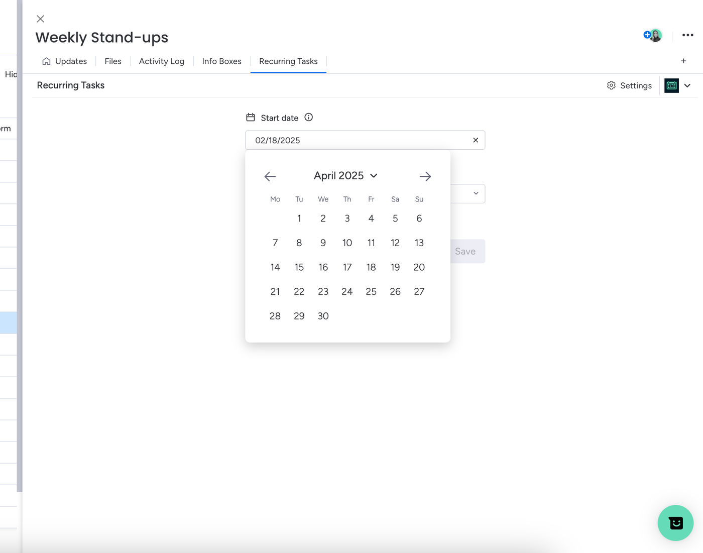 Screenshot showing step 1 of how to set up Recurring Tasks for monday.com product management.