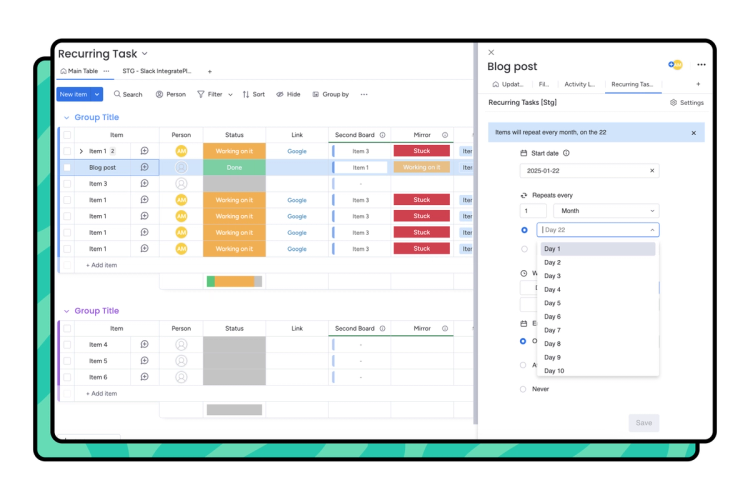 Screenshot showing how to create recurring tasks in monday.com.