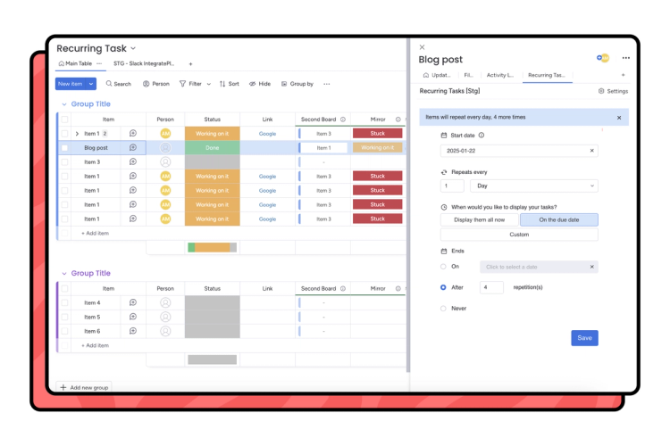 Screenshot showing Automatic Scheduling in Recurring Tasks for monday.com.