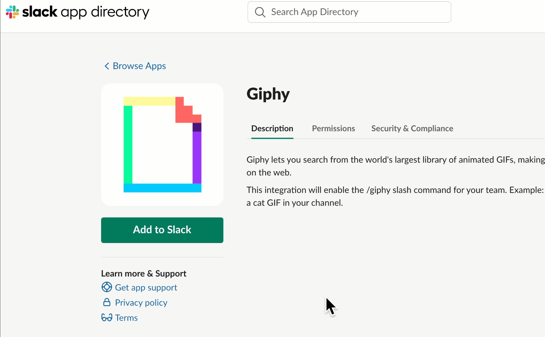 GIF showing how to add the Giphy app to Slack