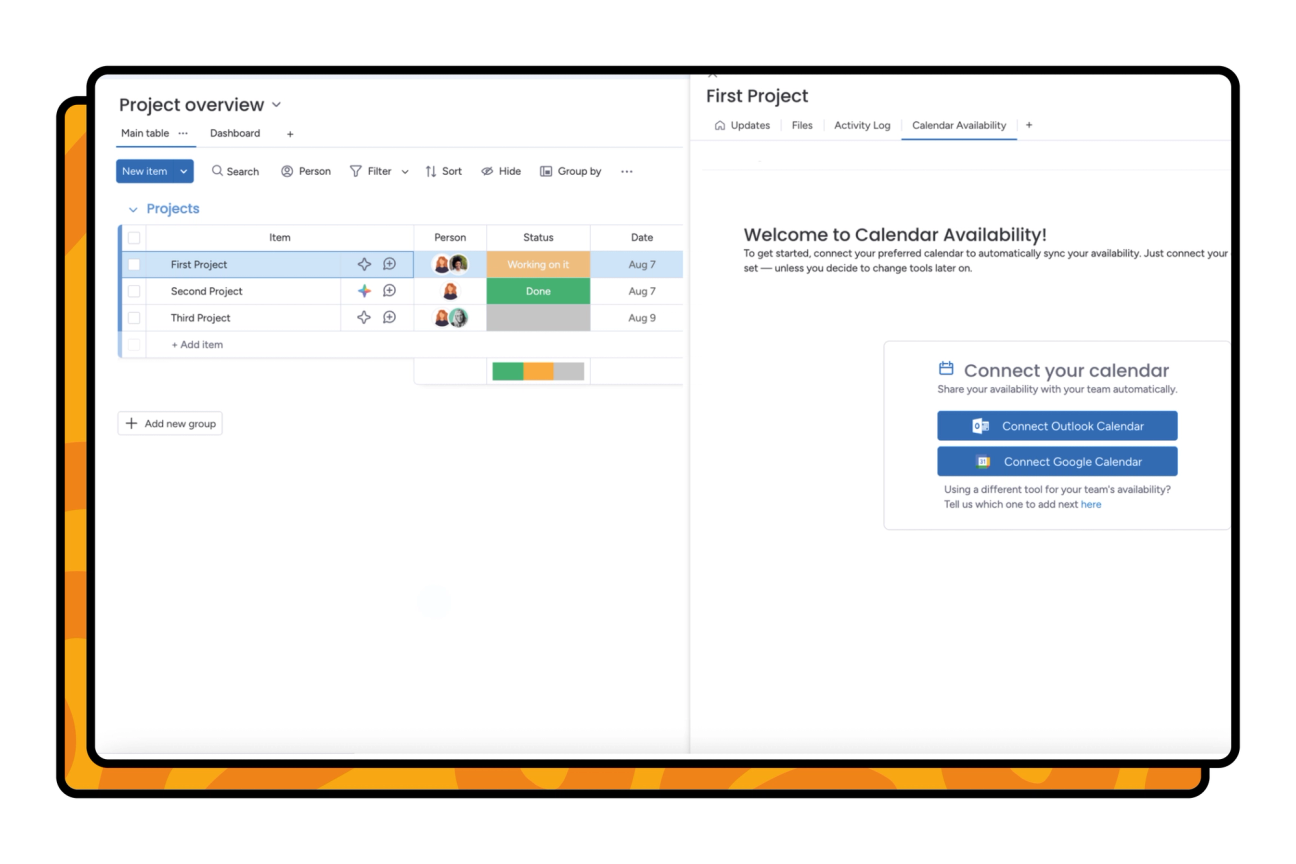 Screenshot showing Calendar Availability for monday.com's calendar integration.