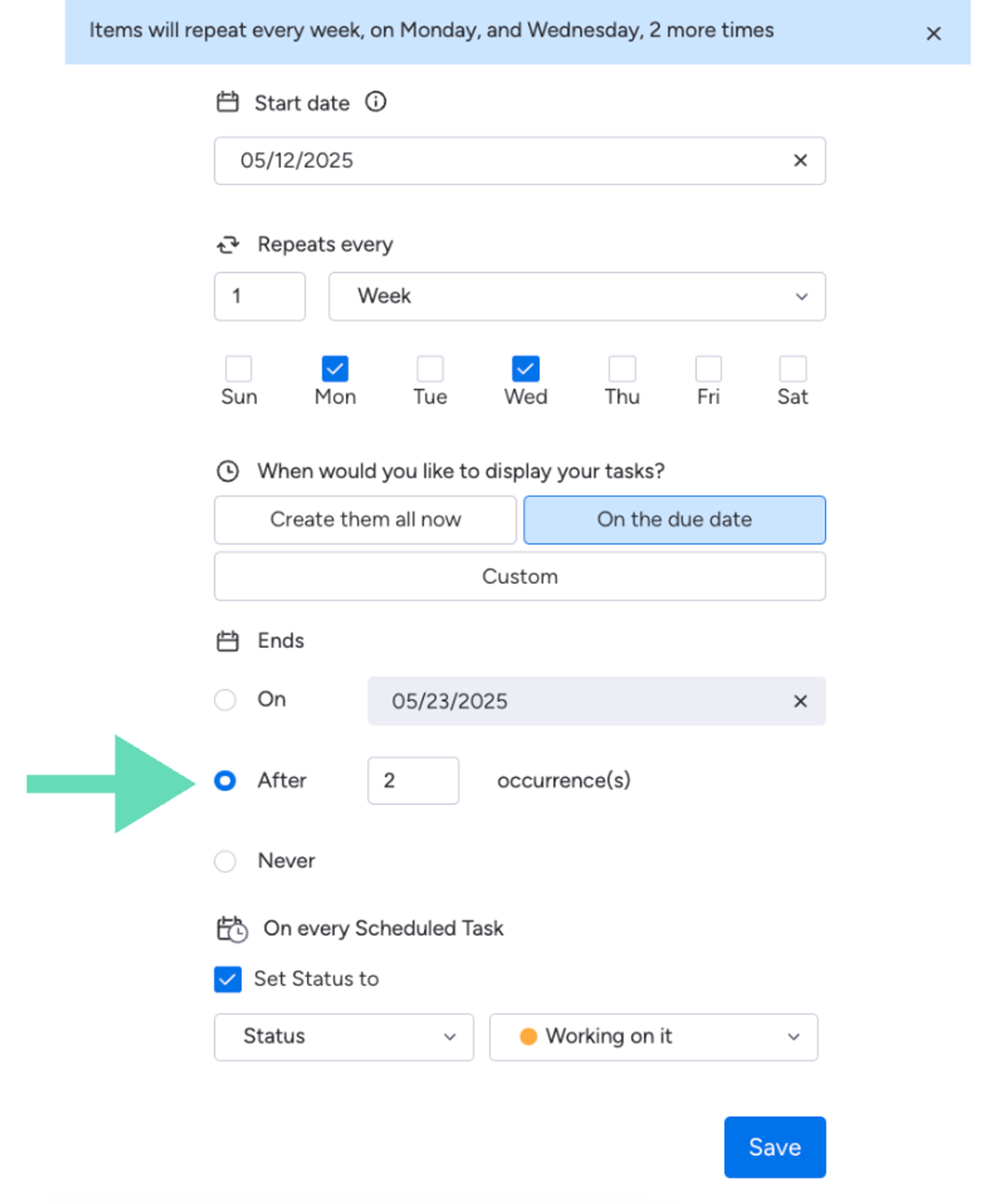 Selecting end date by number of repetitions