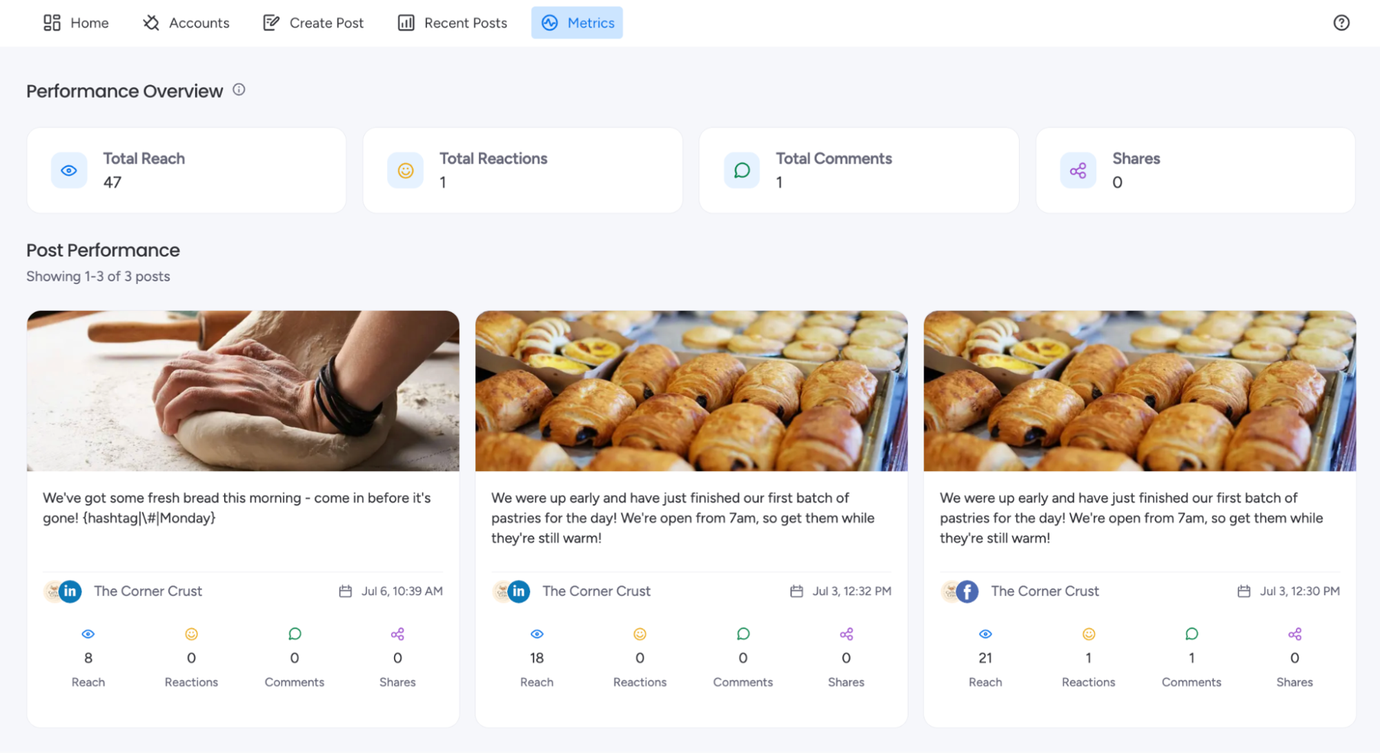 The Metrics screen showing a 30-day overview of reach, reactions and shares