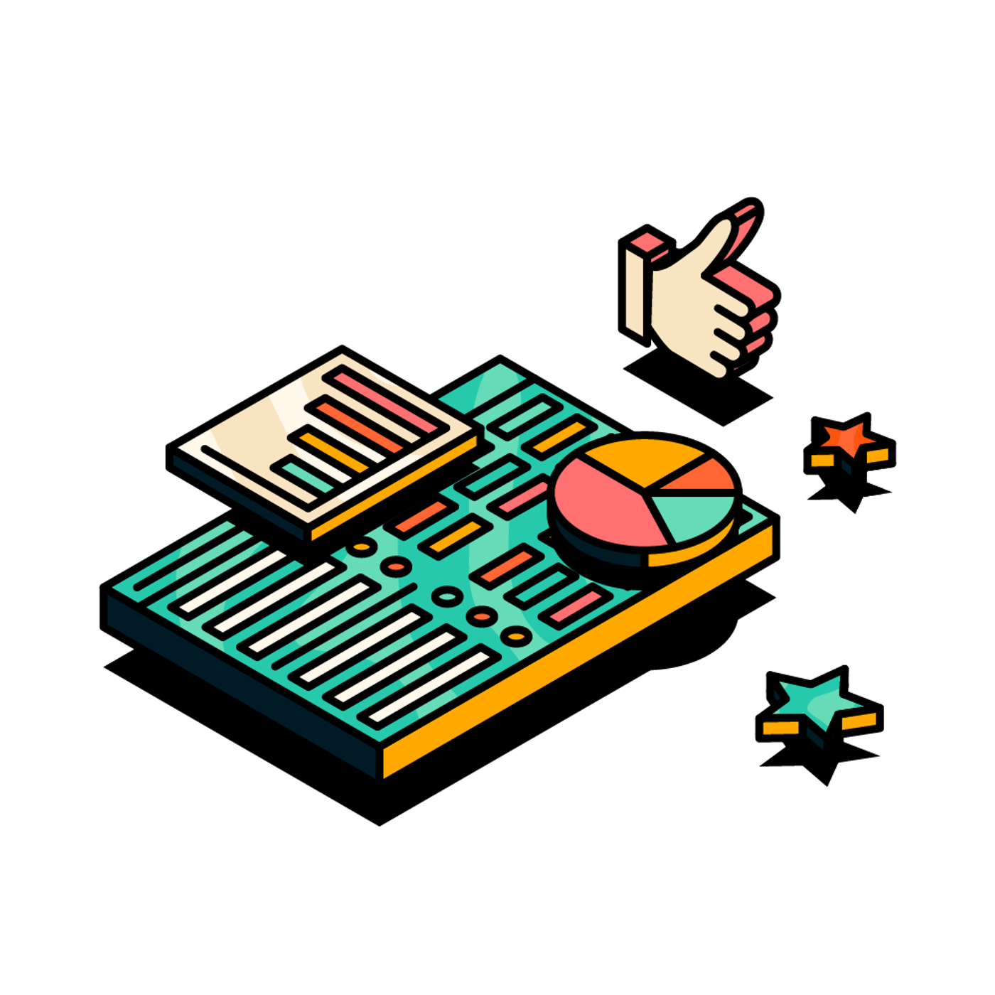 Illustration of a monday.com board surrounded by various metrics icons.