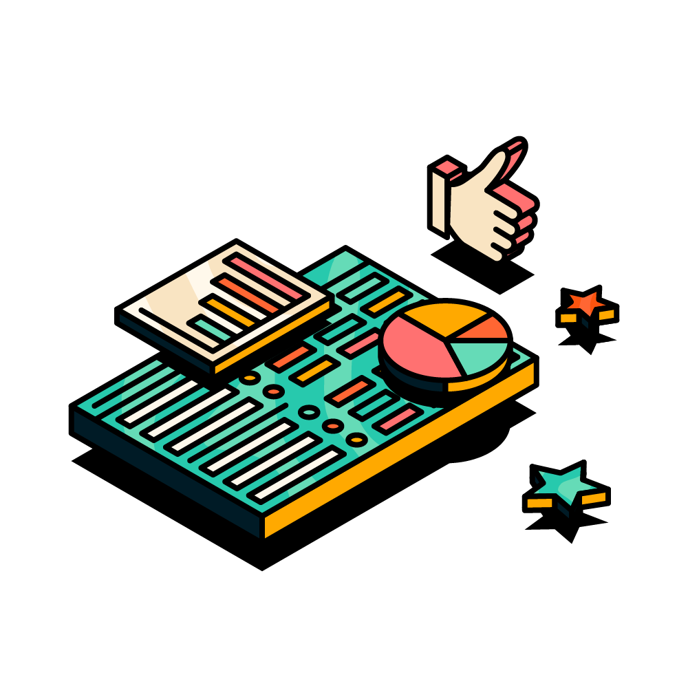 Illustration of a monday.com board surrounded by various metrics icons.