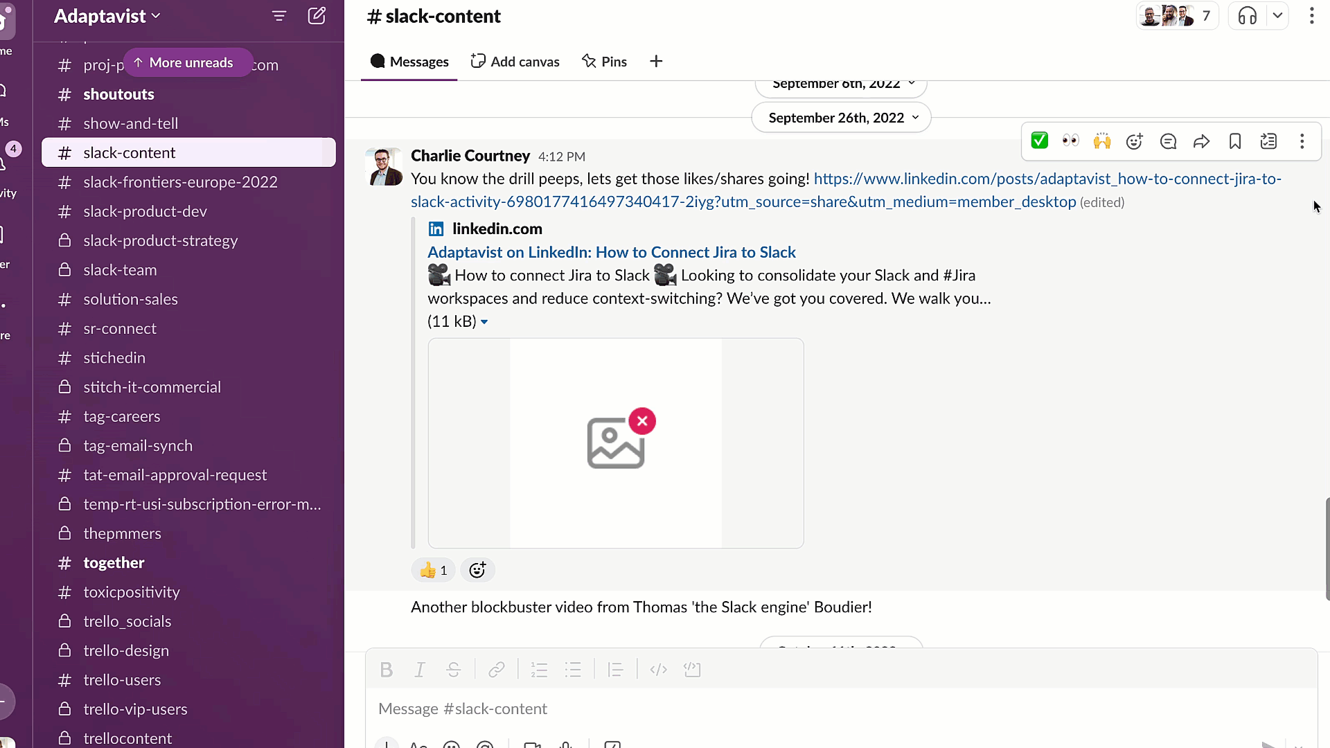 Screen showing how to pin a message in Slack.