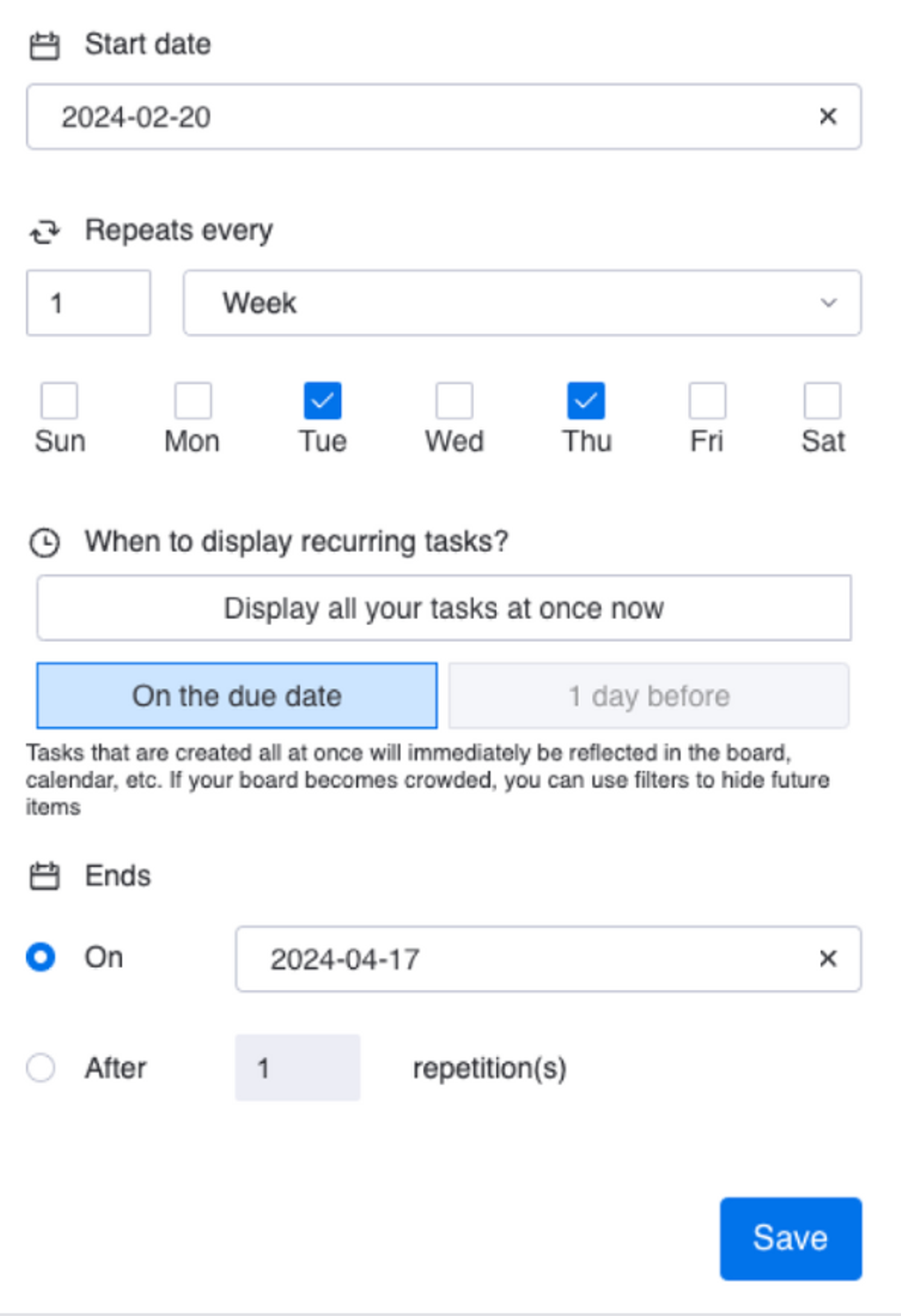 Screenshot 1 showing the new Automatic Scheduling feature for Recurring Tasks for monday.com.