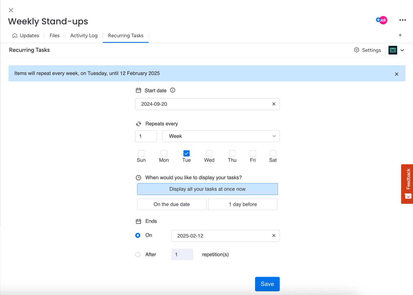 Screenshot showing Recurring Tasks in a monday.com project management board.