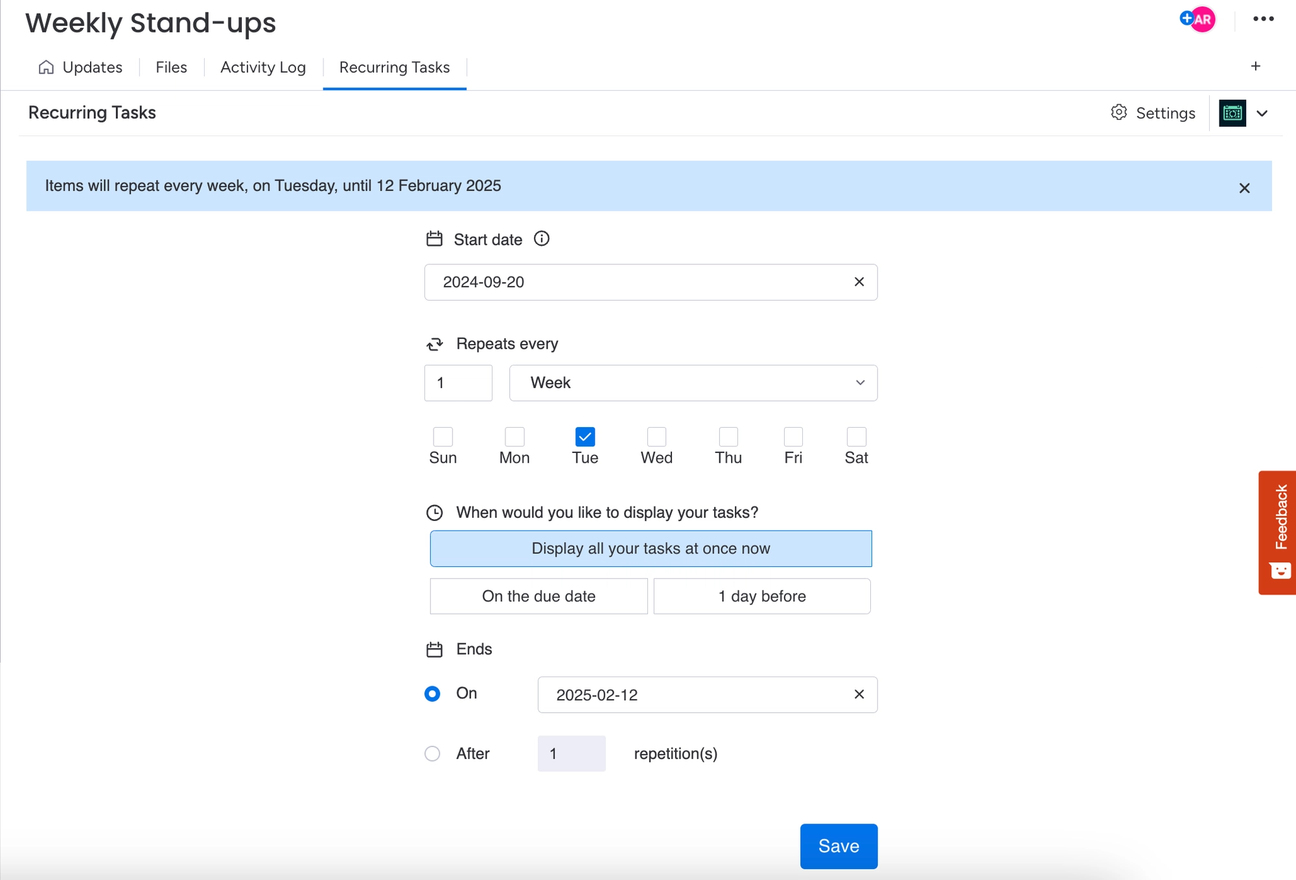 Screenshot showing Recurring Tasks for moday.com.