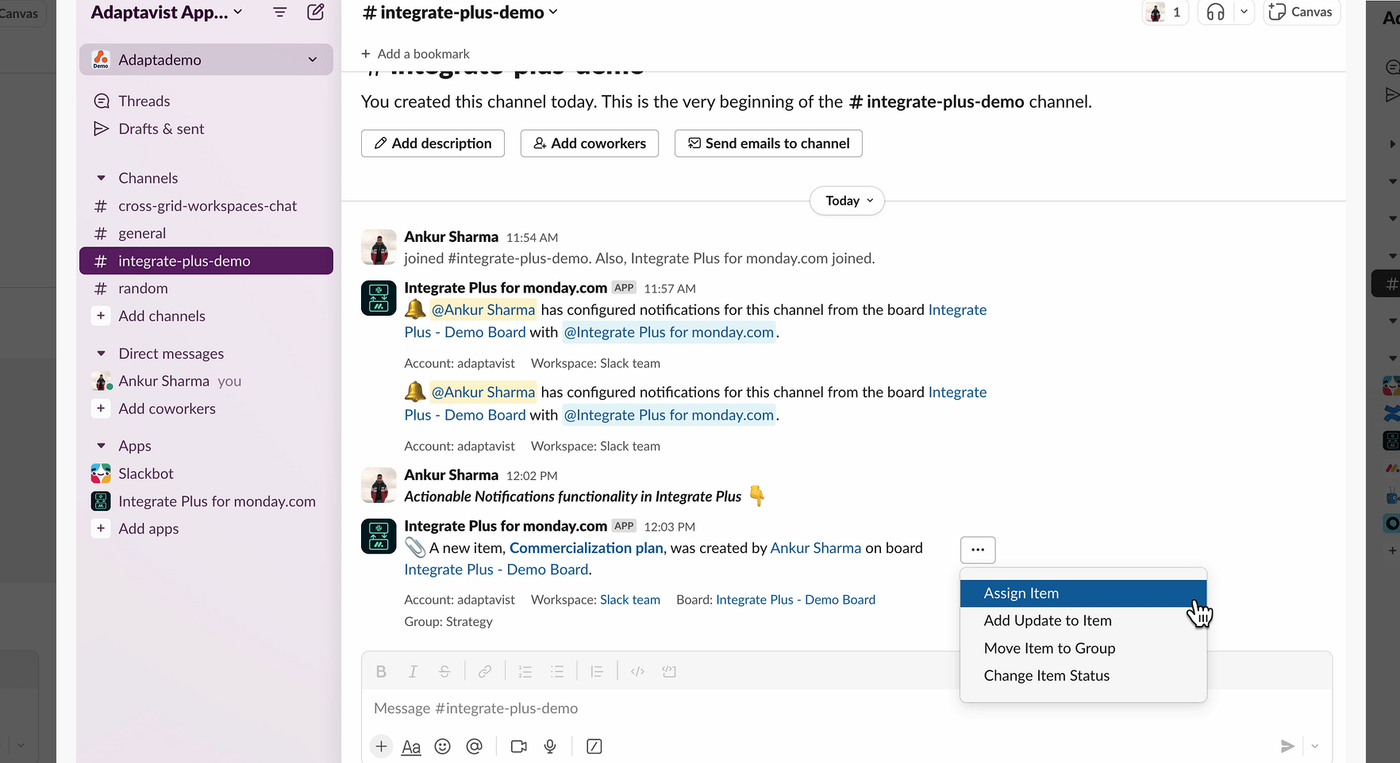 Screenshot showing Integrate Plus for monday.com and Slack.