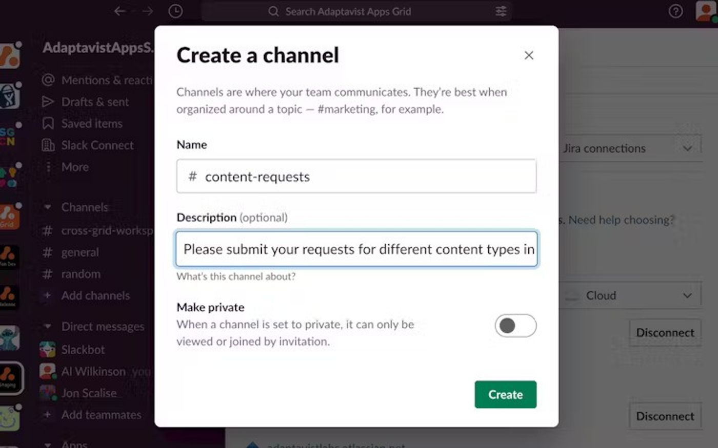 Screenshot showing how to create a Jira issue from Slack.