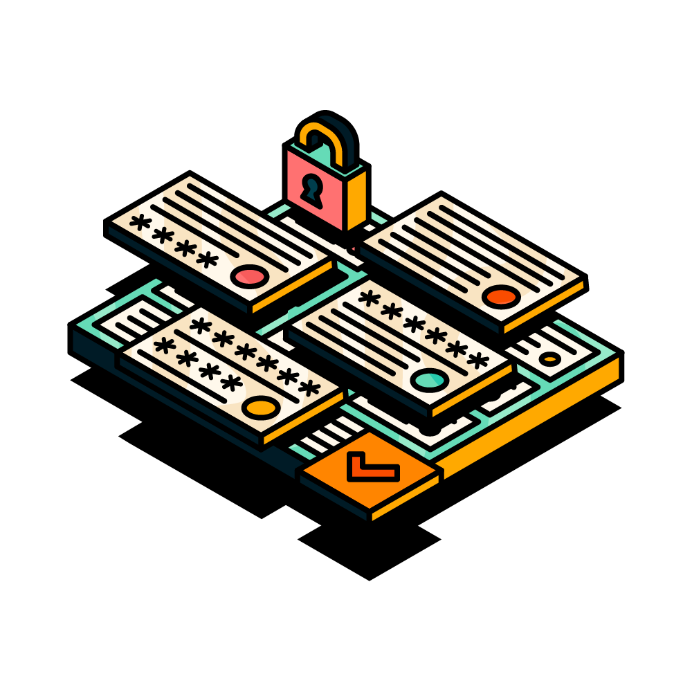An illustrated Jira board with a selection of work items overlaid on top, some of which have masked custom fields, as well as a padlock and a check mark.
