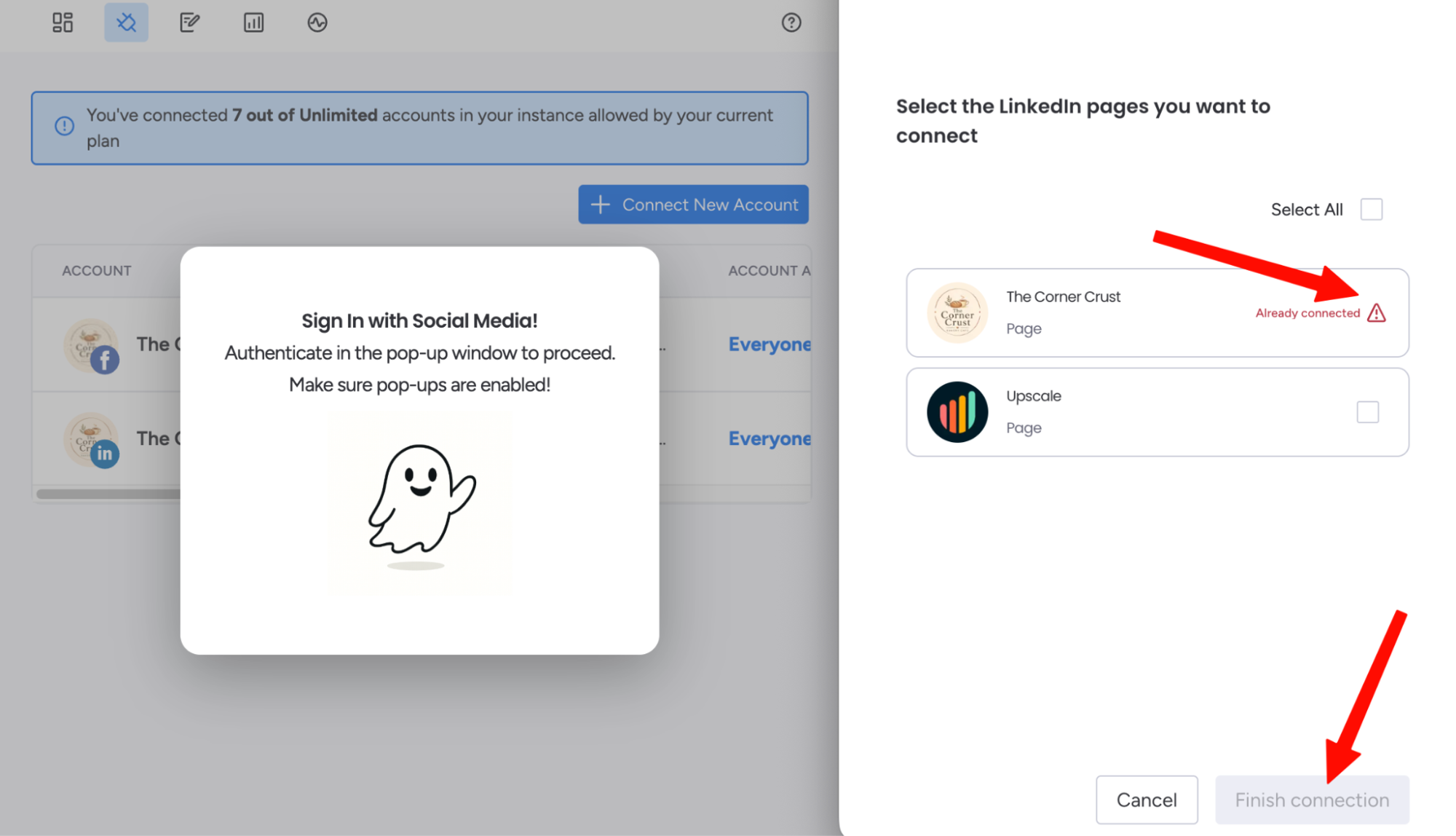 The finish connection pop-up listing LinkedIn Pages you administer