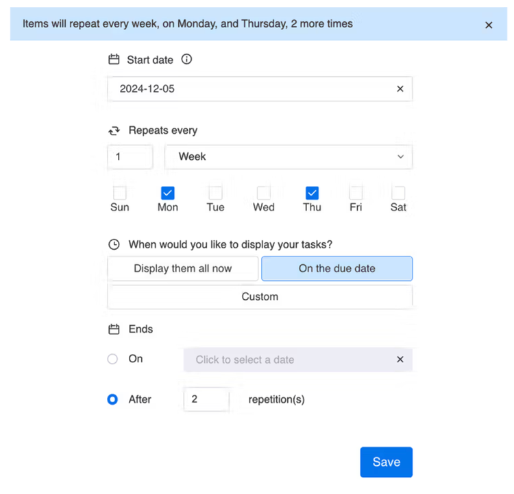 Screenshot showing how to create bi-weekly recurring patterns in monday.com