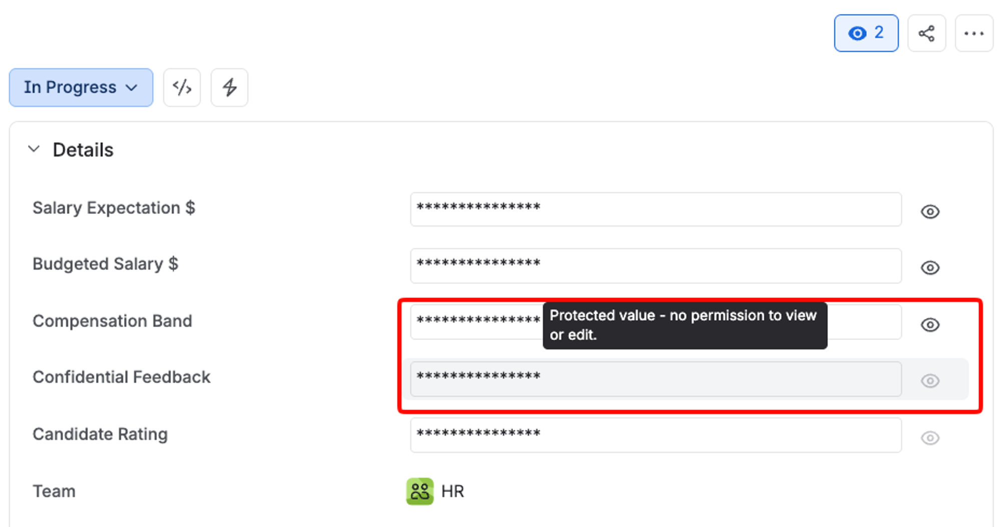 The same Jira work item seen by a user without permission. Every protected value shows as asterisks, with a tooltip reading "Protected value - no permission to view or edit".