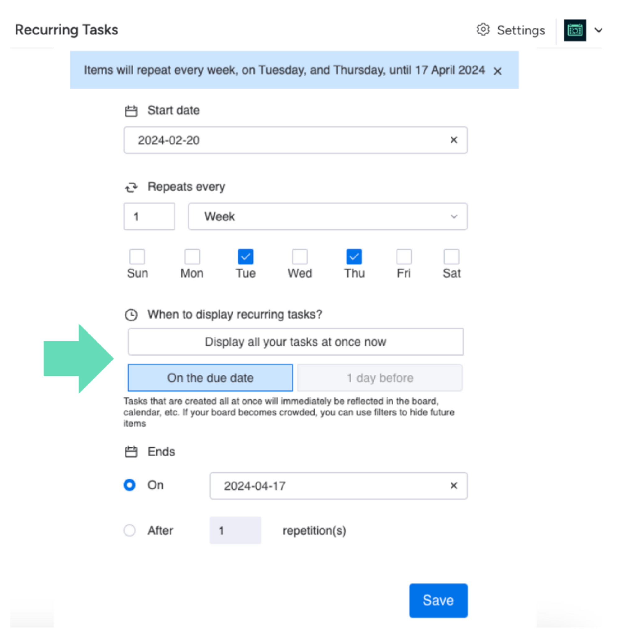 Screenshot 2 showing the new Automatic Scheduling feature for Recurring Tasks for monday.com.