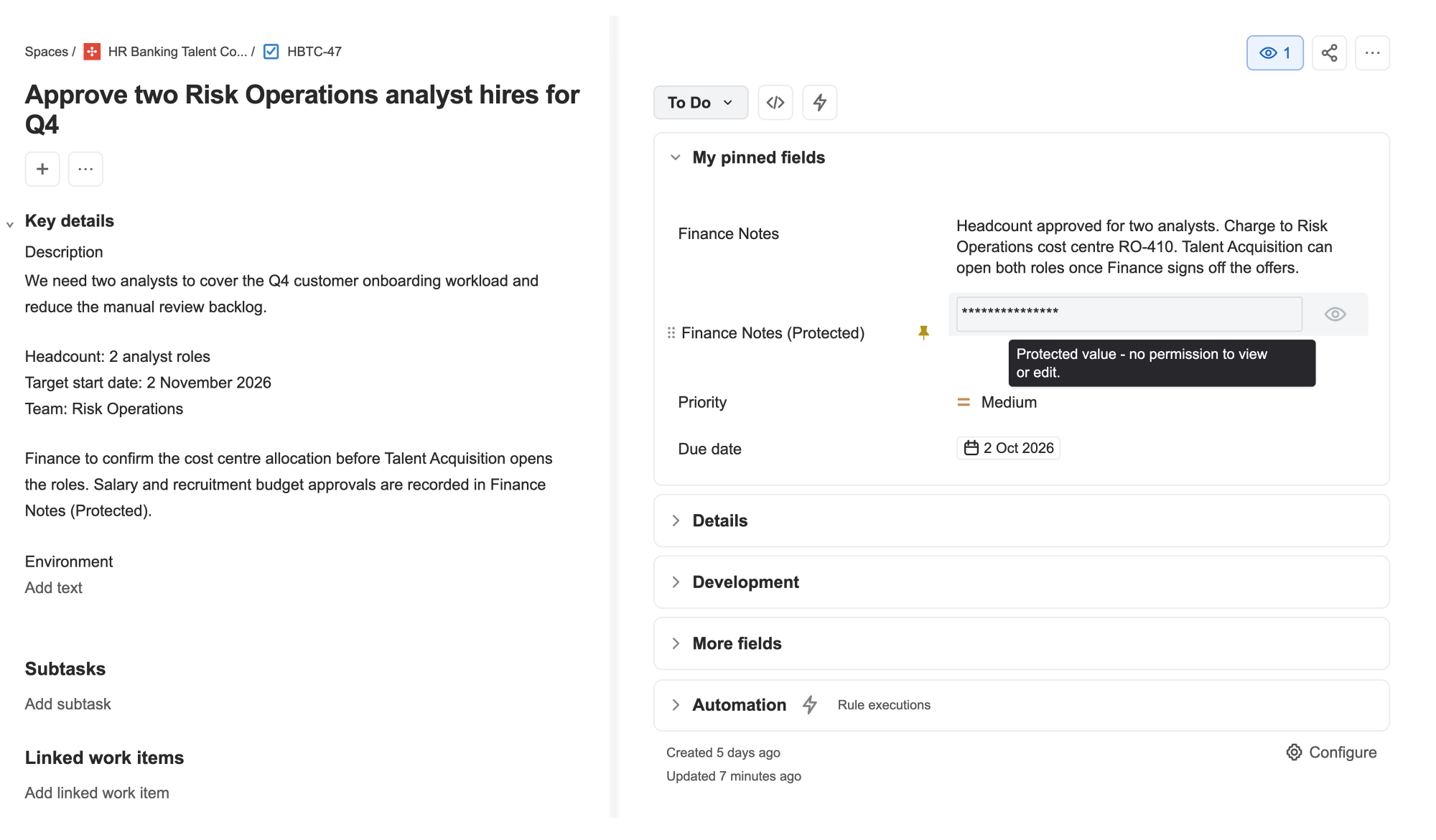 A protected custom field staying hidden for users without permissions