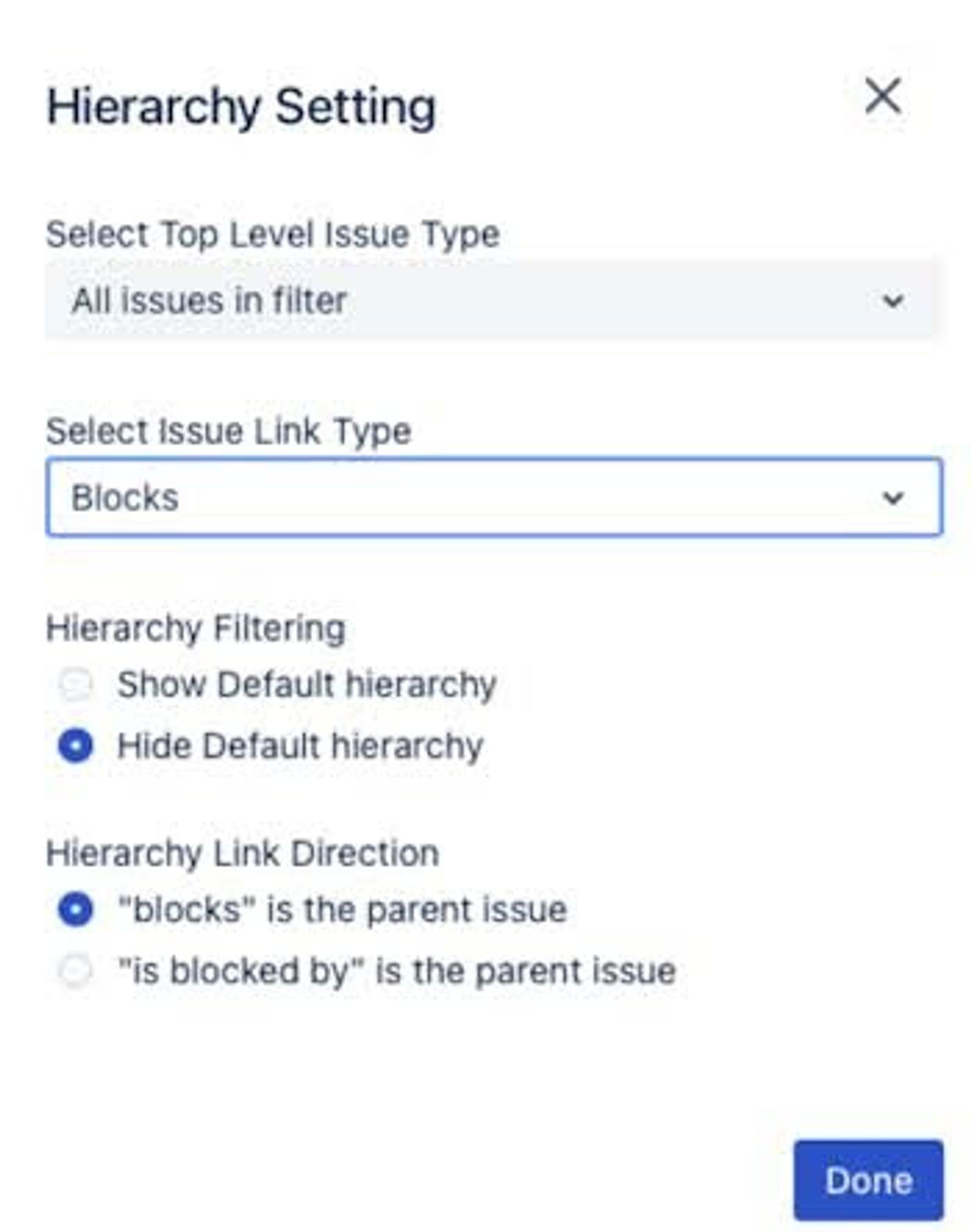 selecting your link issue type in hierarchy for jira