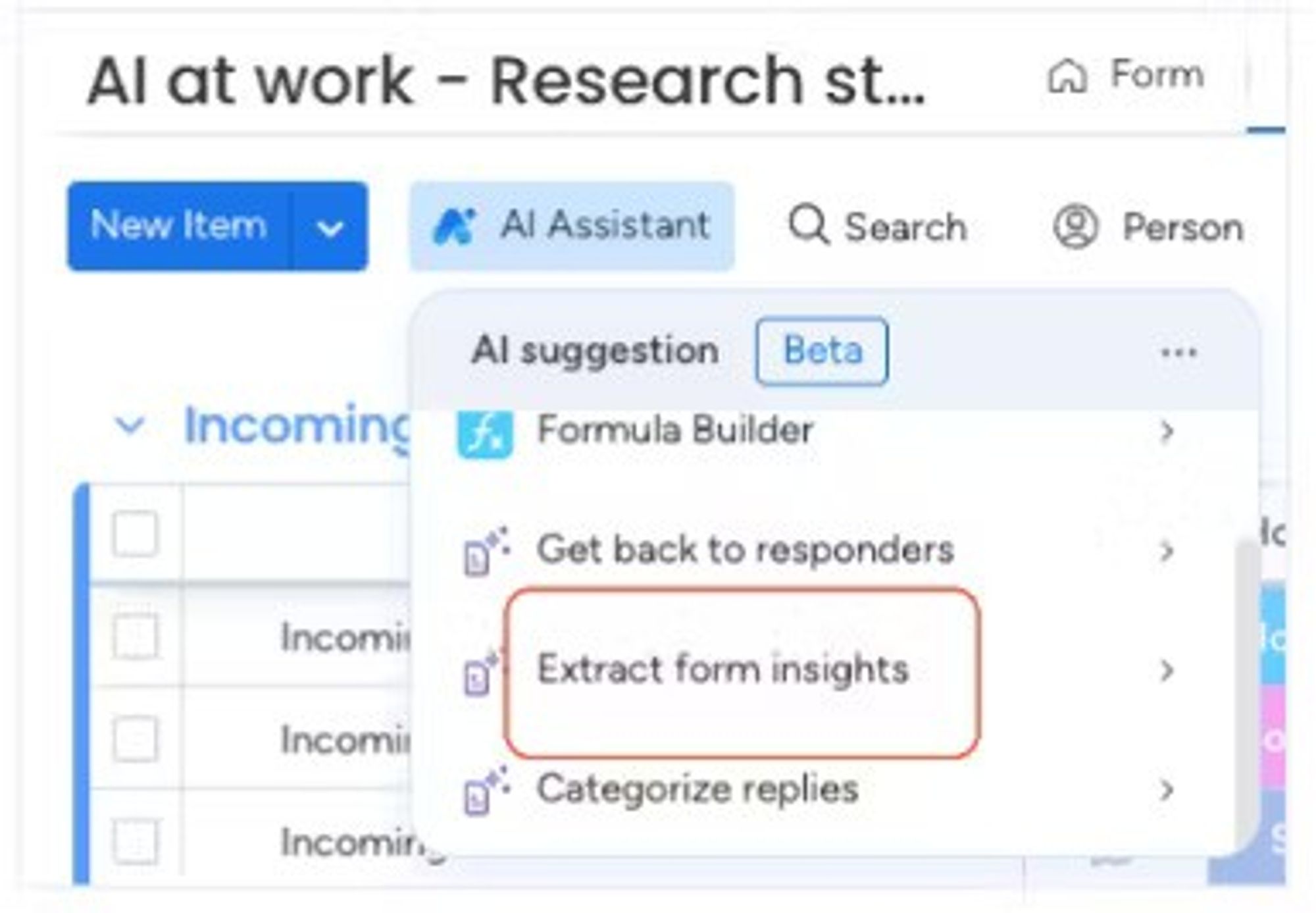 Screenshot showing how to 'Extract form insights' using Smart Forms for monday.com.