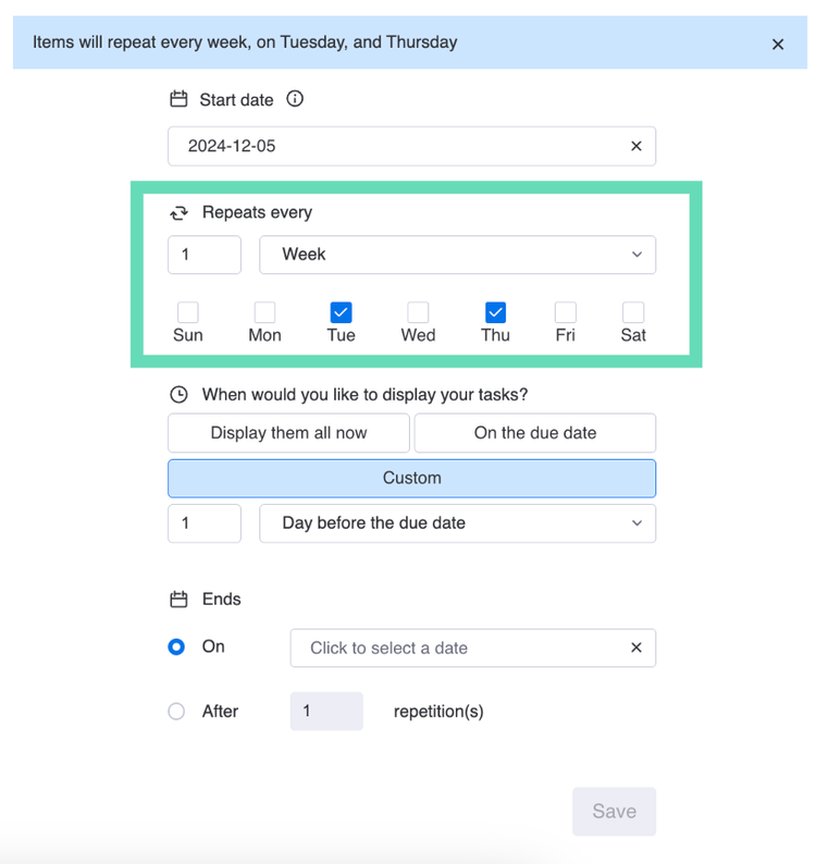 Screenshot showing how to select a schedule in Recurring Tasks for monday.com