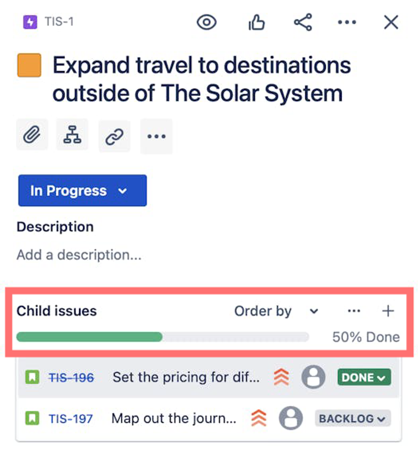 a screenshot of Jira showing the issues progress bar