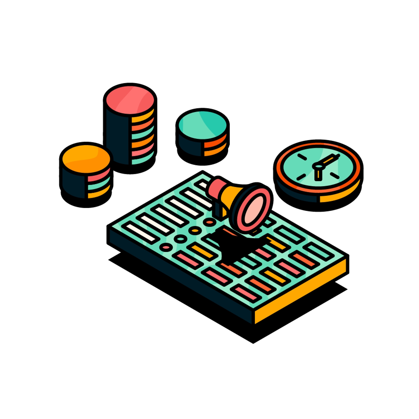 Illustration of a monday.com board with a megaphone icon overlayed and surrounded by coin icons and a clock icon.