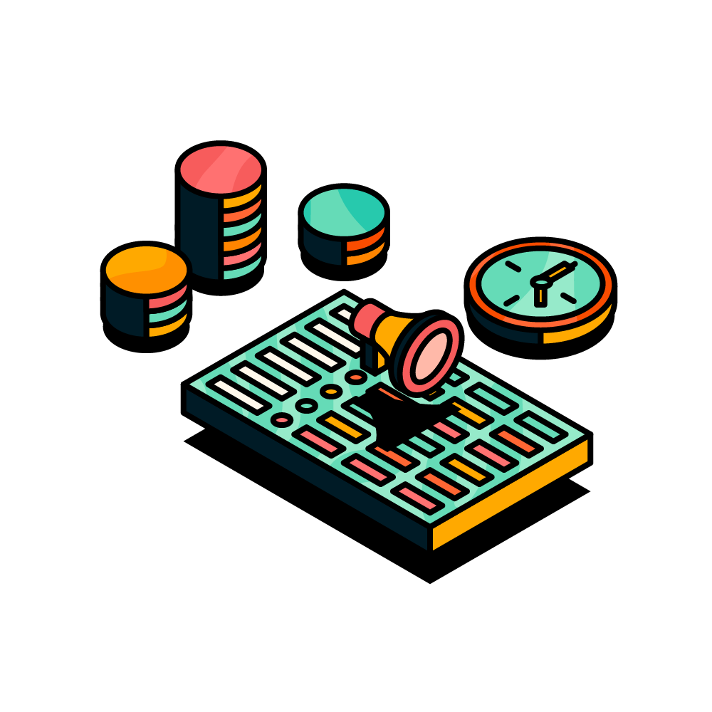 Illustration of a monday.com board with a megaphone icon overlayed and surrounded by coin icons and a clock icon.