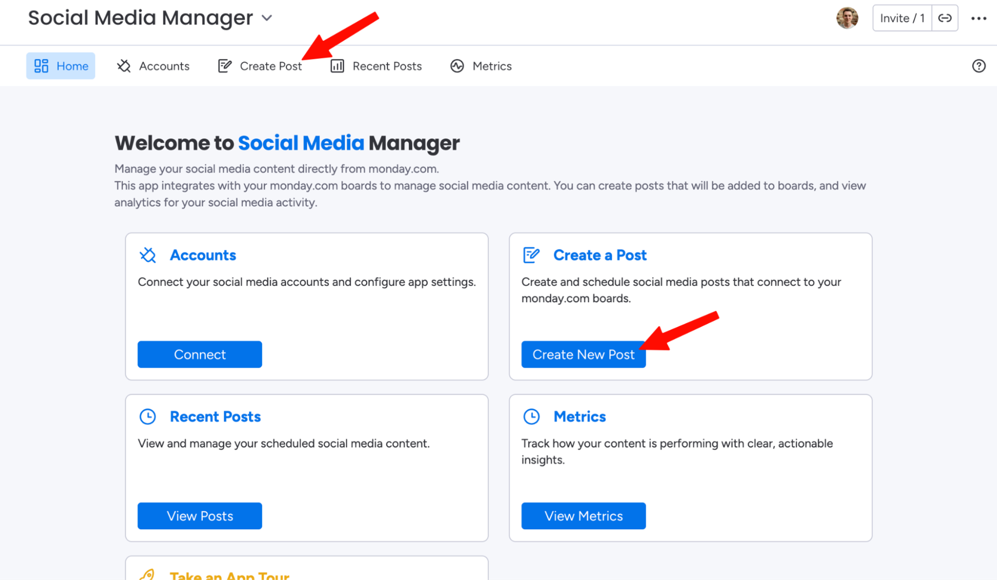 The Create Post option in Social Media Manager's navigation bar and dashboard