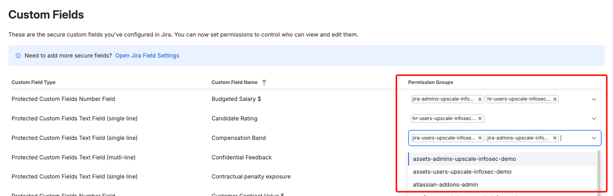 The Protected Custom Fields settings screen, showing permission groups such as hr-users and jira-admins assigned to each secure field.