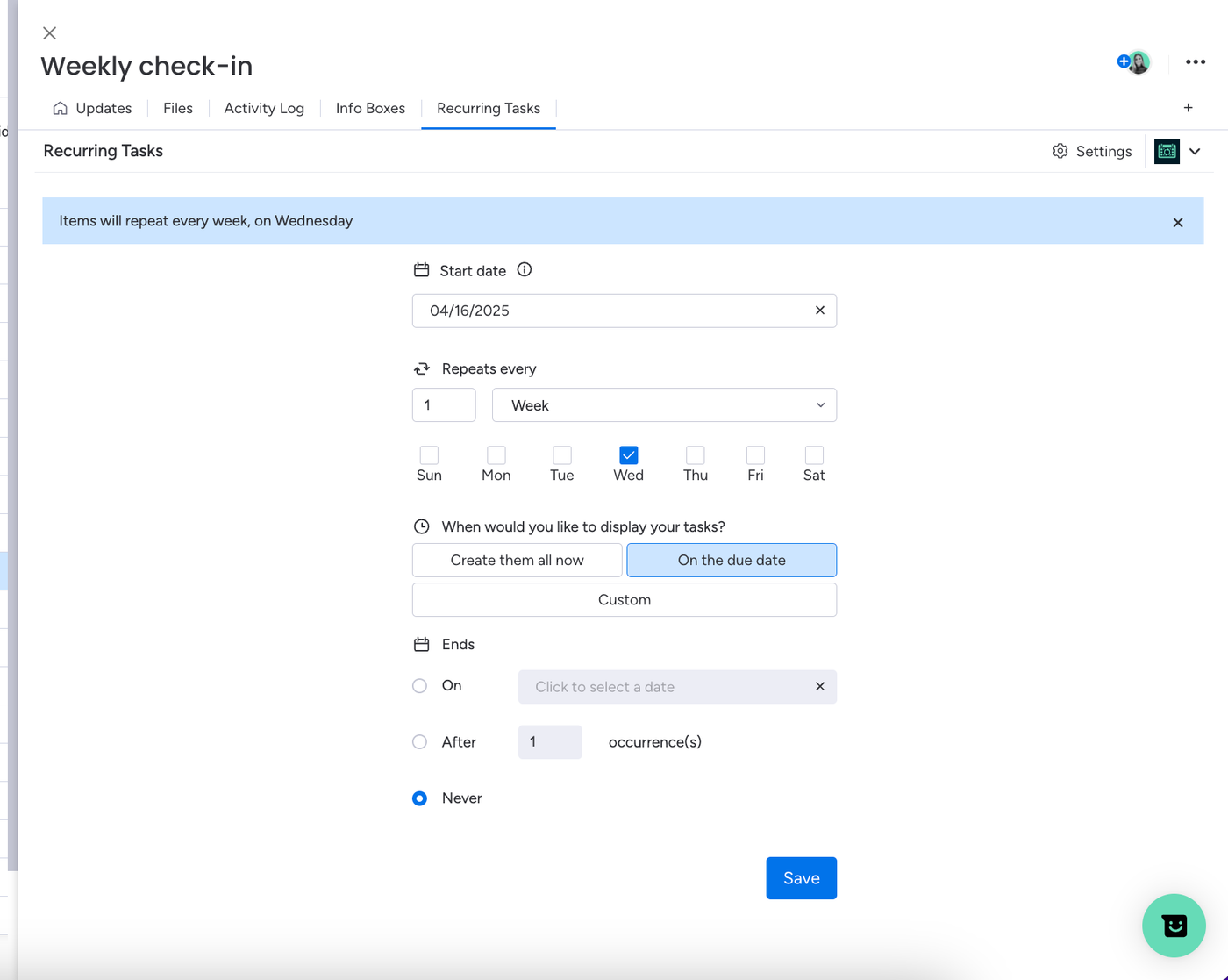 GIF showing how to use Recurring Tasks for weekly monday.com product management check-ins.