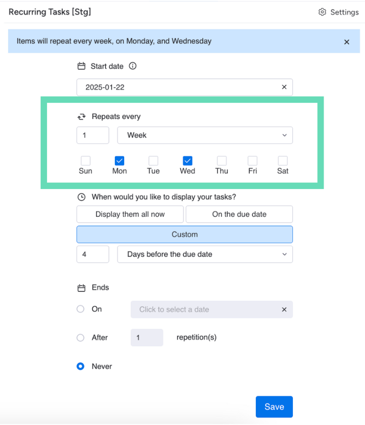 Screenshot showing number of repetitions options in the Recurring Tasks for monday.com app.