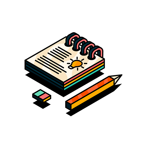 Illustration of notebook, pencil and rubber in Upscale visual style