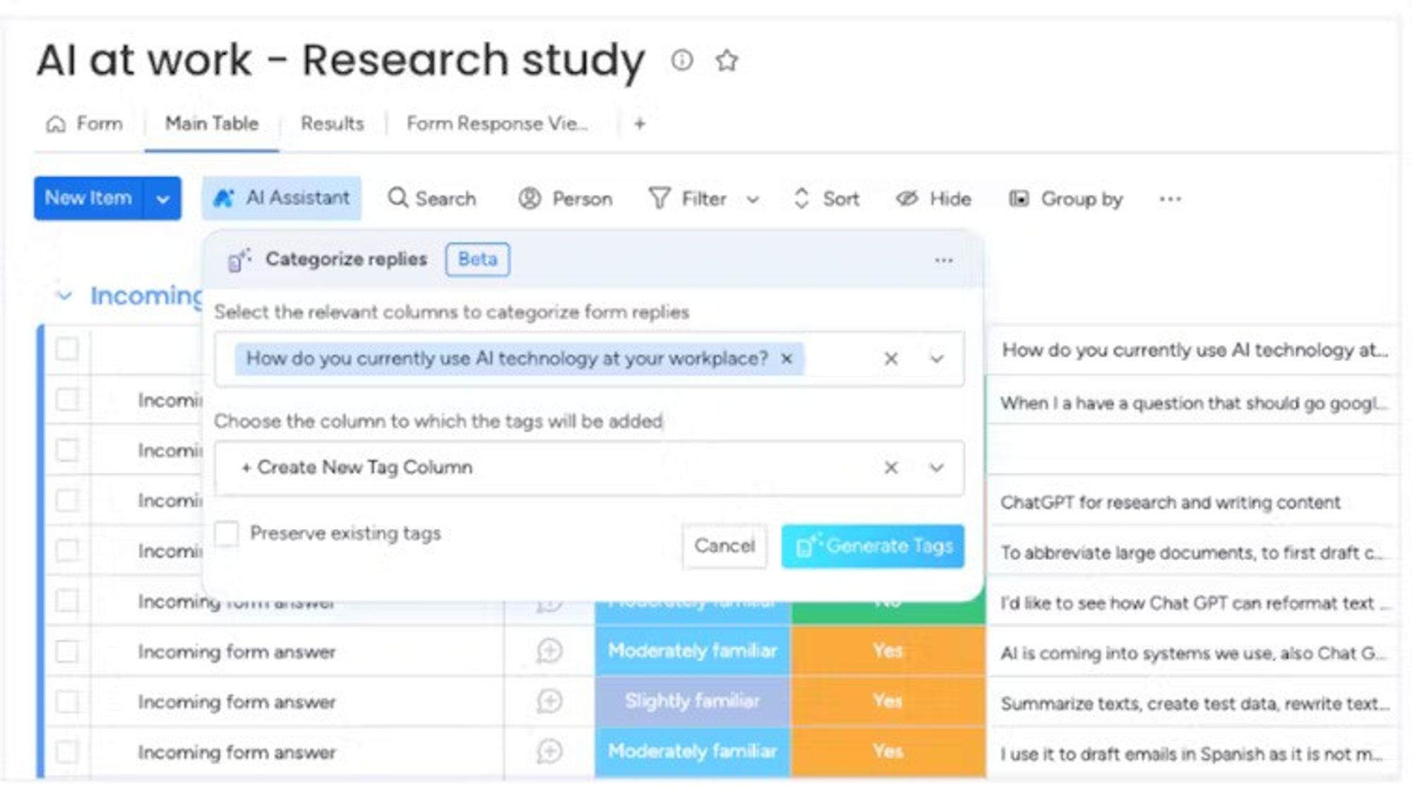 Screenshot showing how to access the 'Categorise Replies' feature in Smart Insights for monday.com.