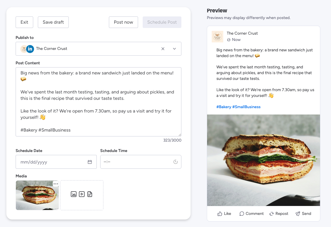 The post editor with copy and an image attached, showing the live LinkedIn preview on the right