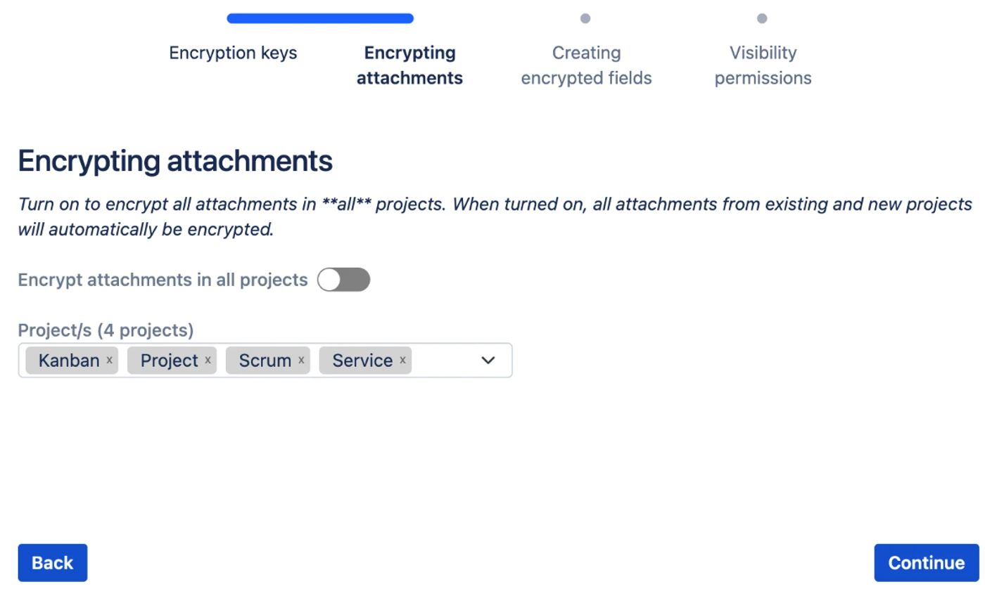 a screenshot of the Encryption for Jira app showing the toggle button for encrypting attachments