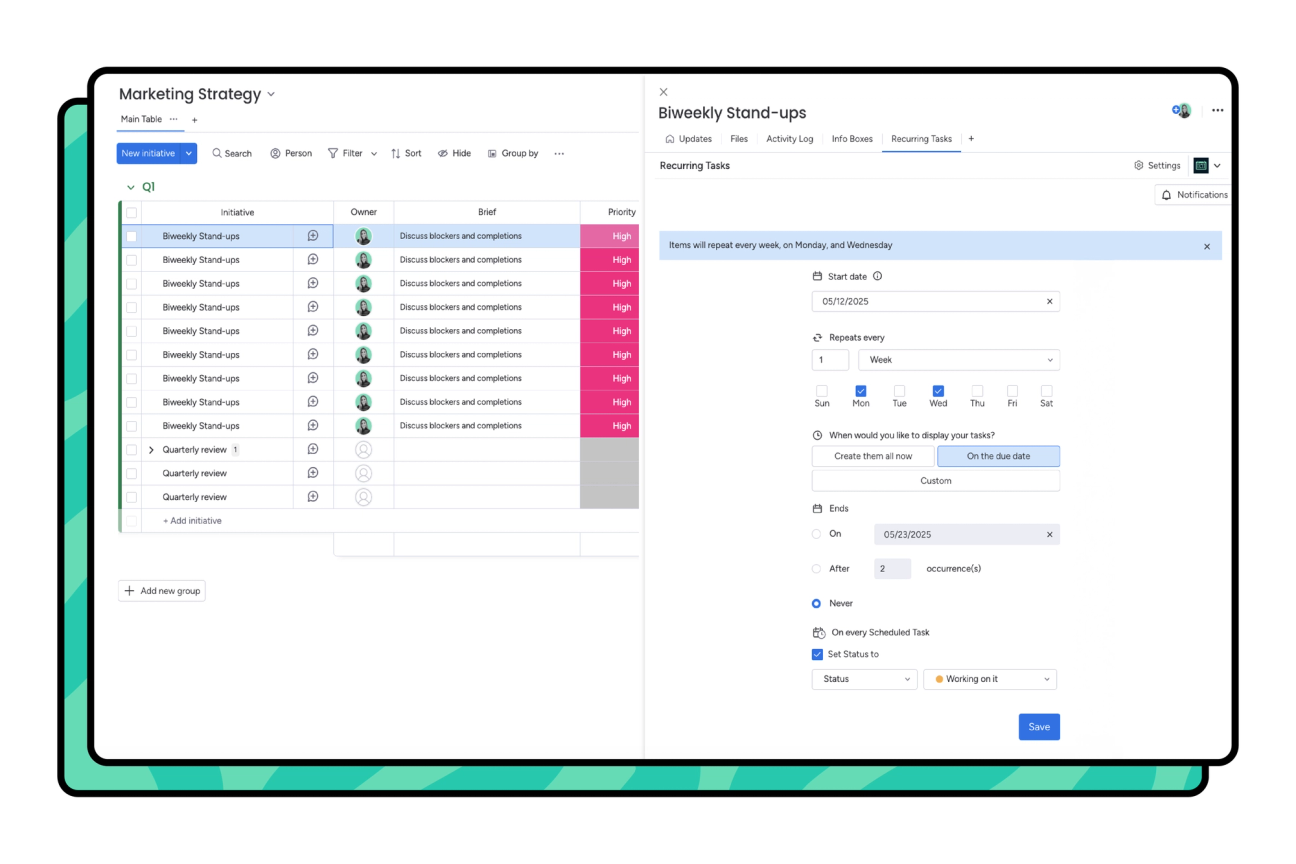 Screenshot showing Automatic Scheduling in Recurring Tasks for monday.com.