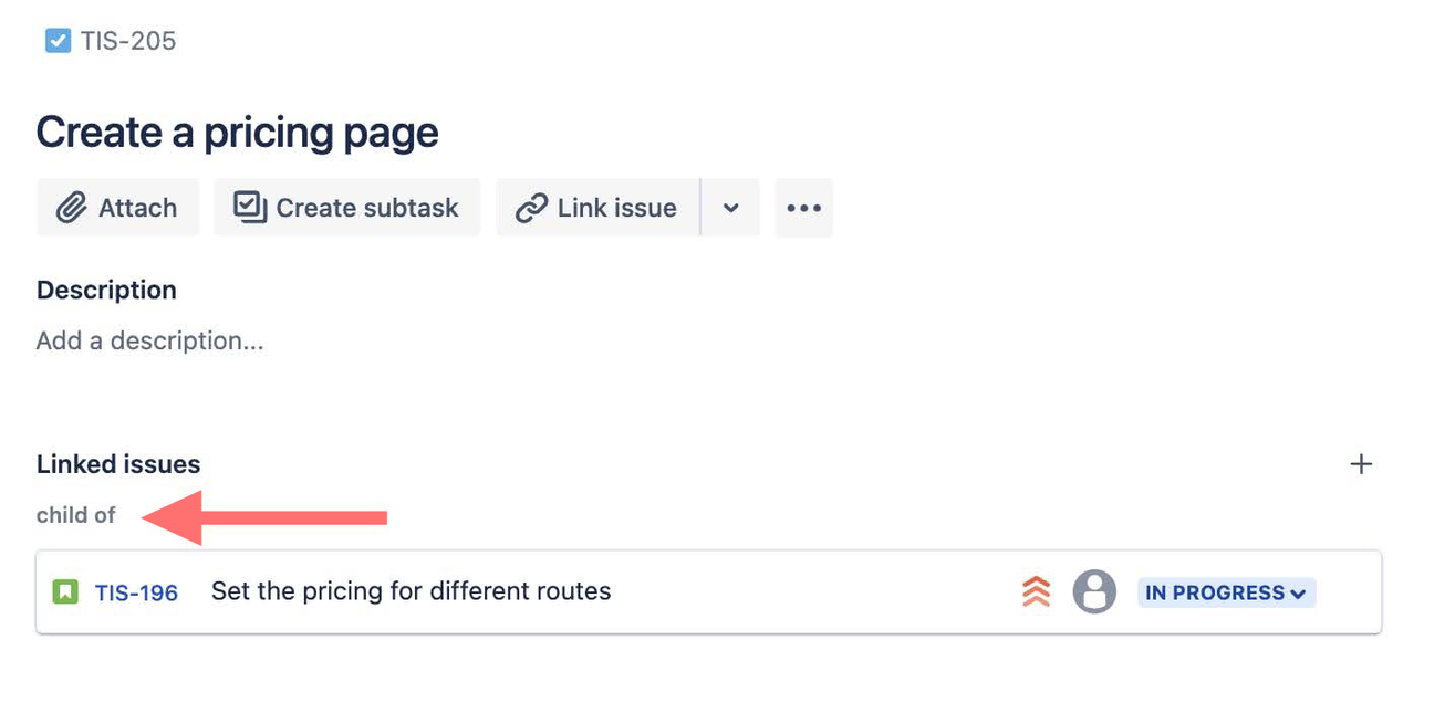 A screenshot showing Jira linked issues with child items
