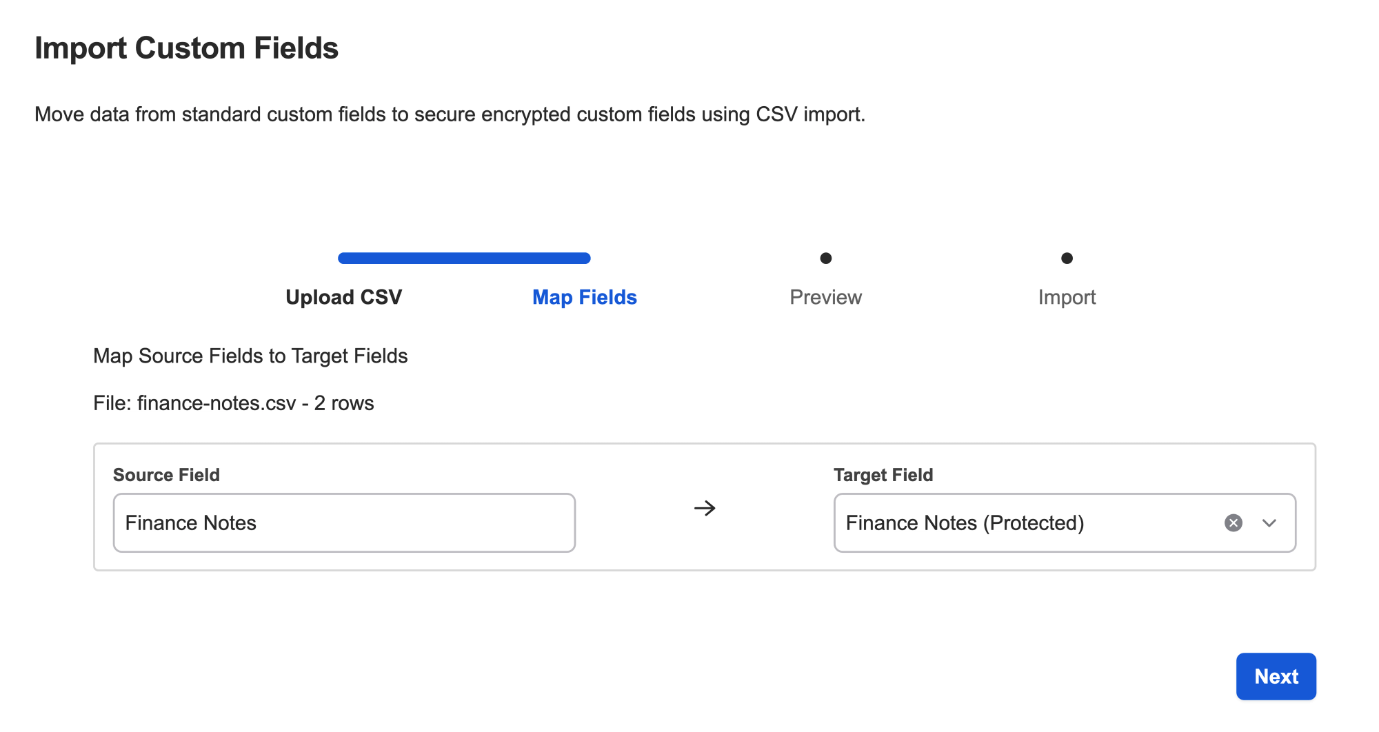 Mapping imported fields from a CSV to new protected custom fields