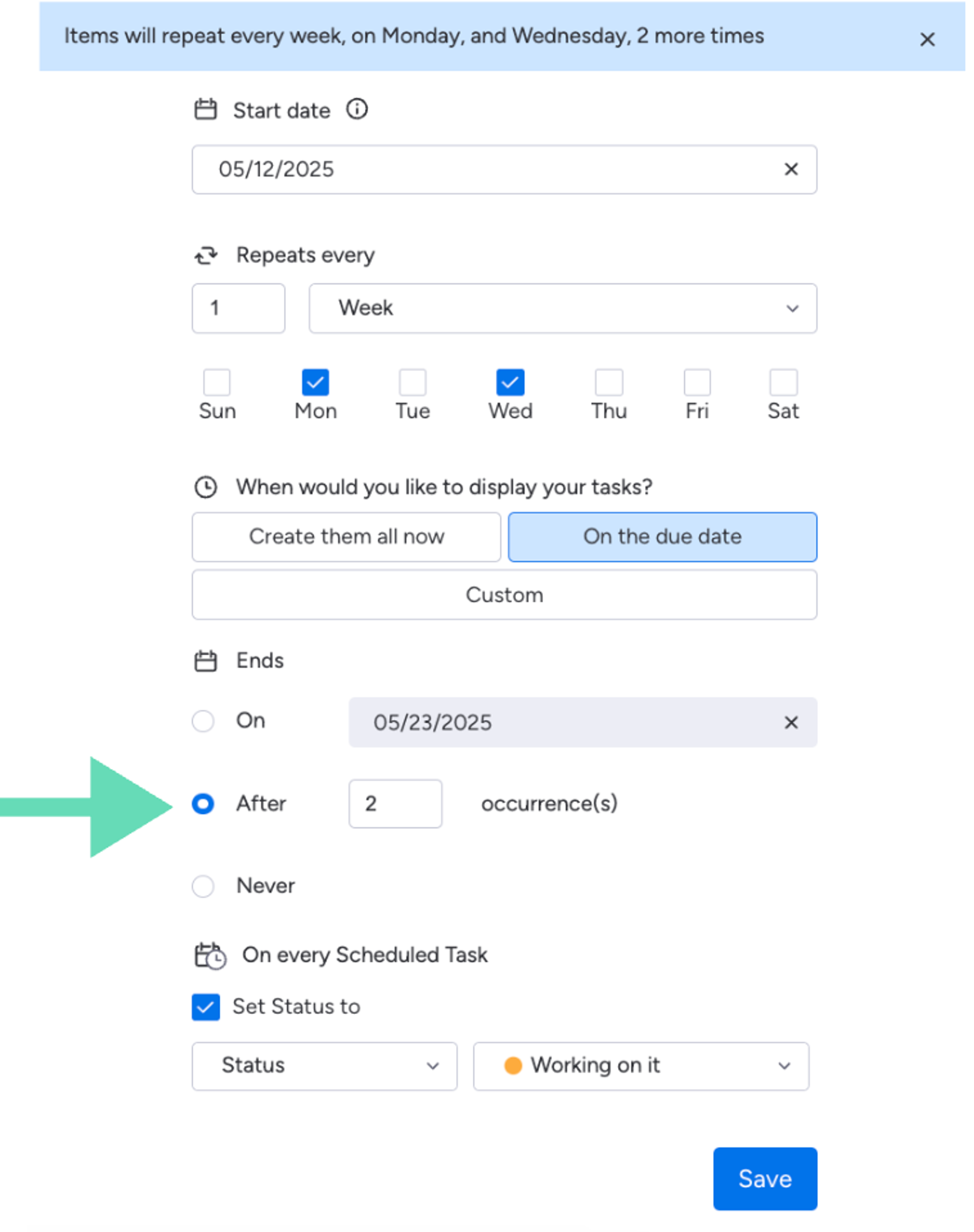 Screenshot showing how to set an end date by number of repetitions in Recurring Tasks for monday.com.