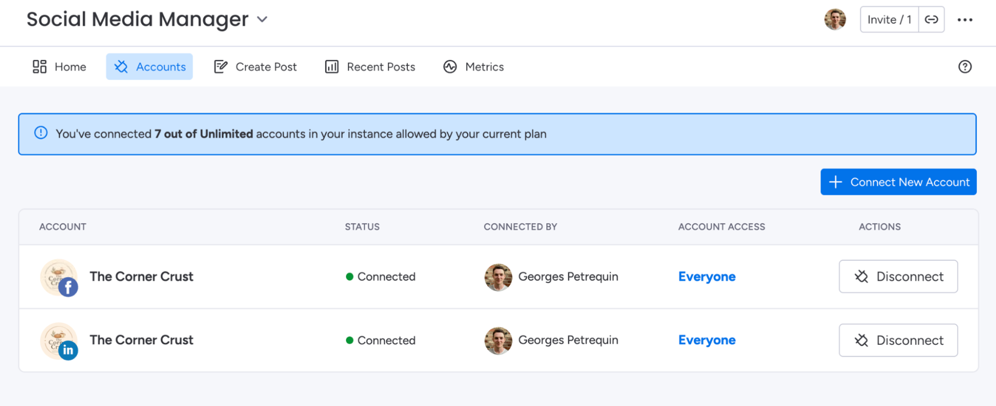 The Accounts screen showing a successfully connected LinkedIn Page