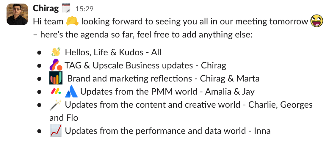 Screenshot of a Slack message from Chirag with the agenda for a meeting. The first topic is Hellos, Life & Kudos.