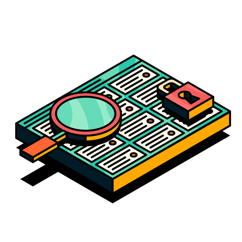 An illustrated Jira board with a magnifying glass and a padlock hovering over the top of it.