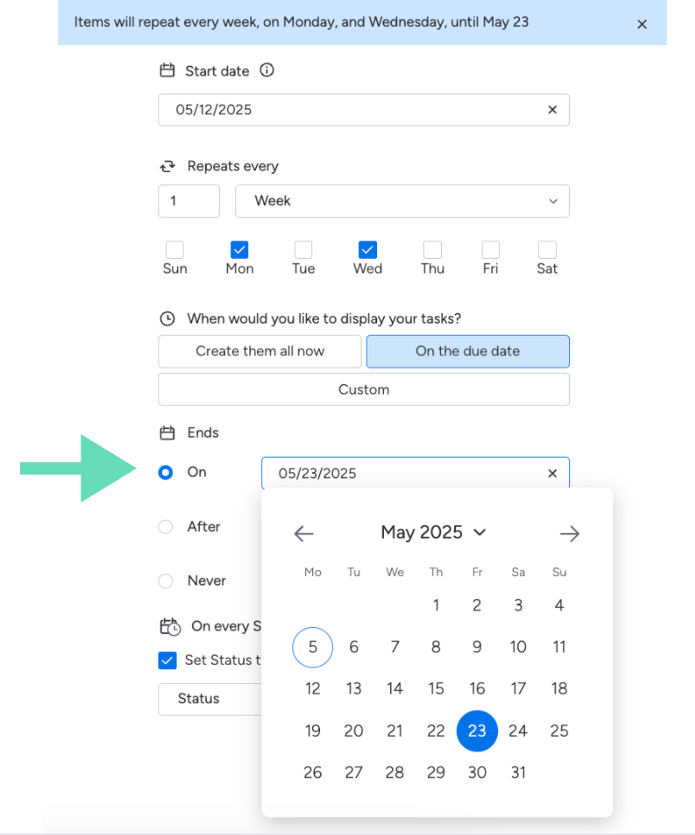 Selecting end date by date
